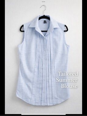 Ravel NWT Blue Plaid Pintuck Sleeveless Blouse XL Quiet Luxury Workwear Cotton